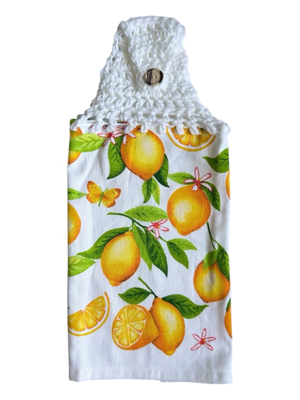 Hand Crafted Lemon Print Hanging Kitchen Towel - White, Yellow, Green